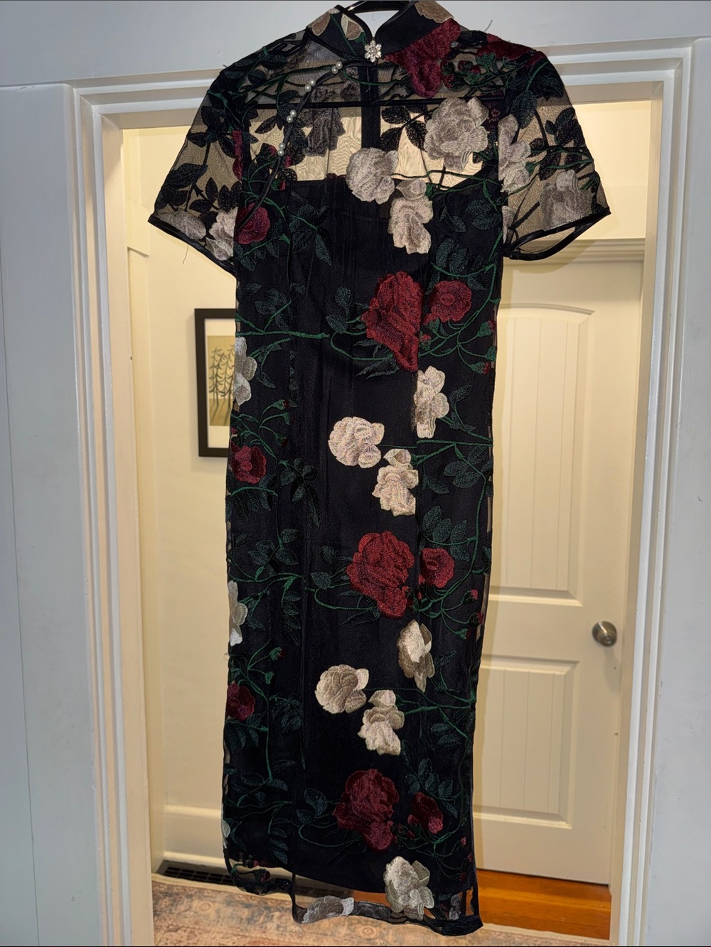 Black Floral Embroidered Midi Dress with Red and Cream Roses